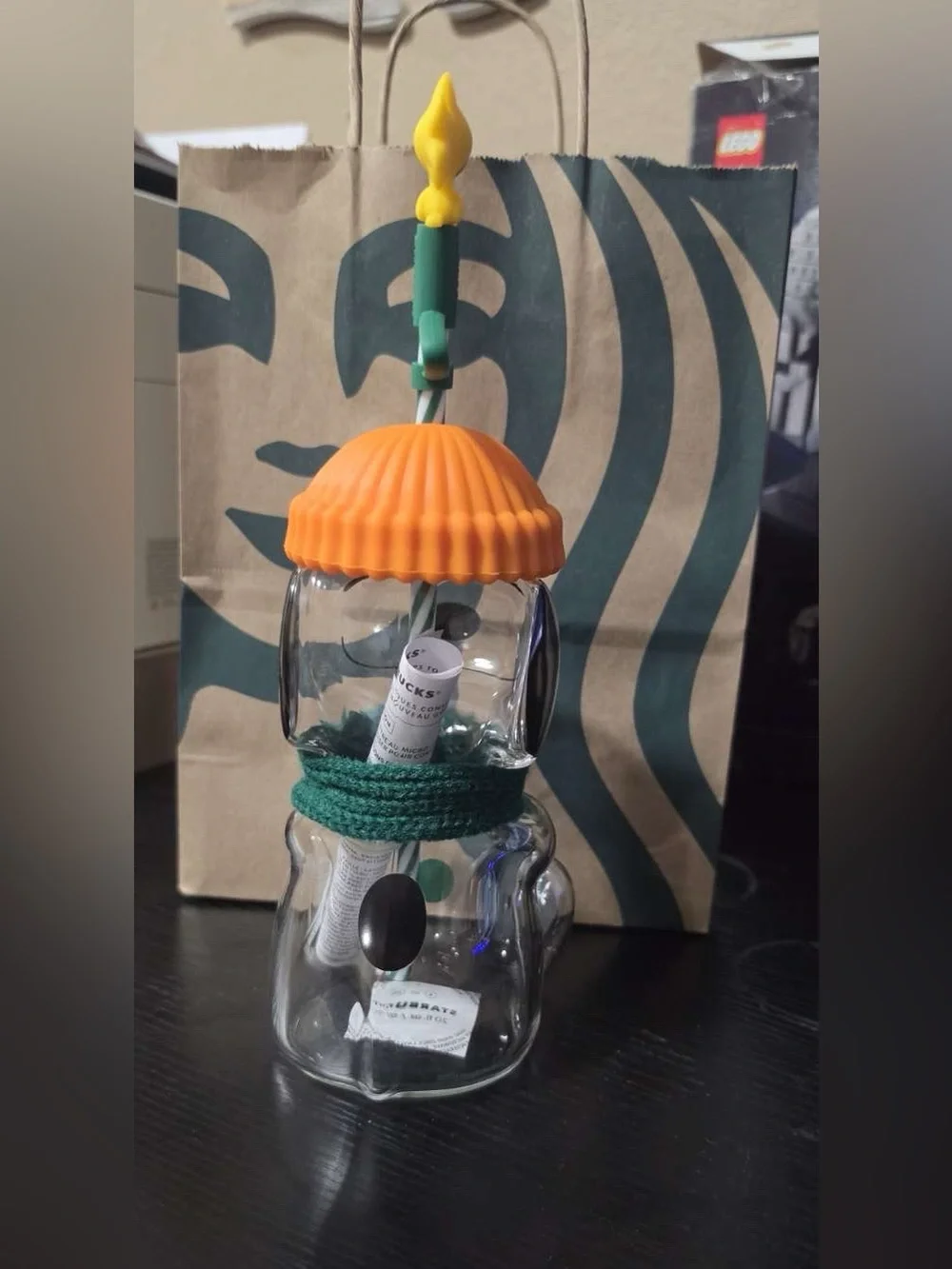 Starbucks Snoopy cup with Orange Hat and Green Scarf